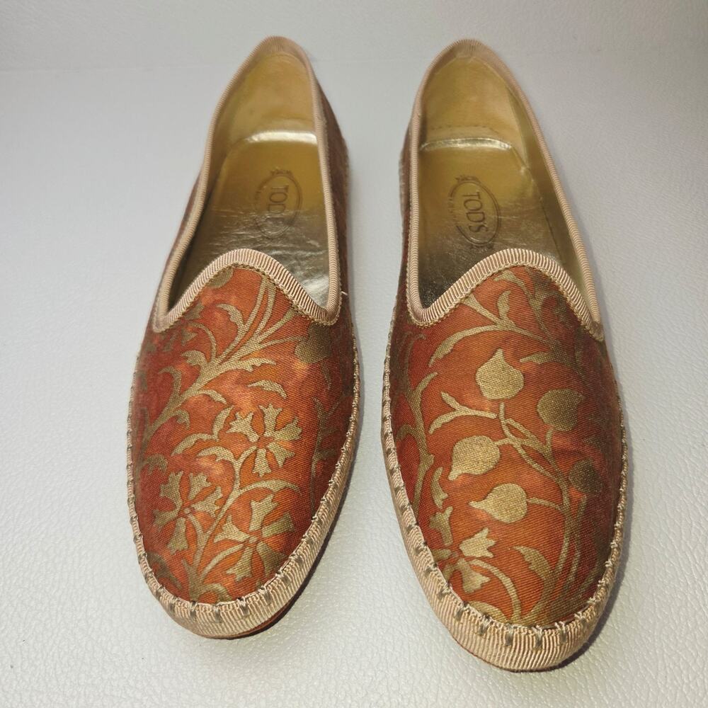 Tod's Loafers Womens 7.5 Orange Floral Jacquard Silk Blend Driving Flats Italy